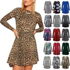 Womens Printed Swing Dress Ladies Long Sleeve Skater Flare A Line Party Mini Top
