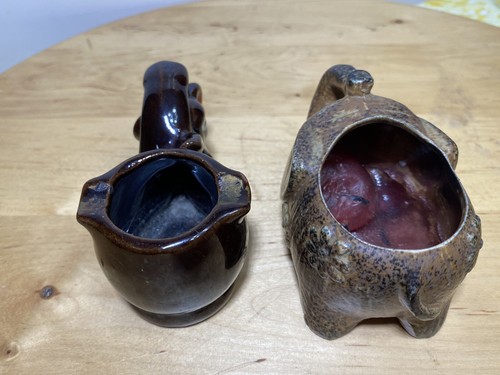 2 Vintage ELEPHANT BROWN LUSTER PIPE ASHTRAY POTTERY STONE PLANTER - Picture 6 of 10