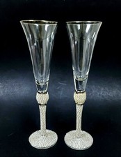 SET OF 2 SILVER RIM,SPARKLING CRYSTALS STEM,BASE CHAMPAGNE,FLUTE GLASS,HAND MADE