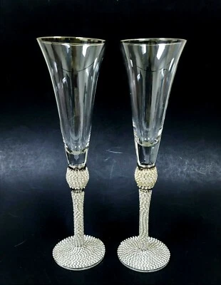 Set 2 Argent Bord, Brillant Cristaux Tige, Base Champagne, Flûte Verre, Main À - Photo 1/4