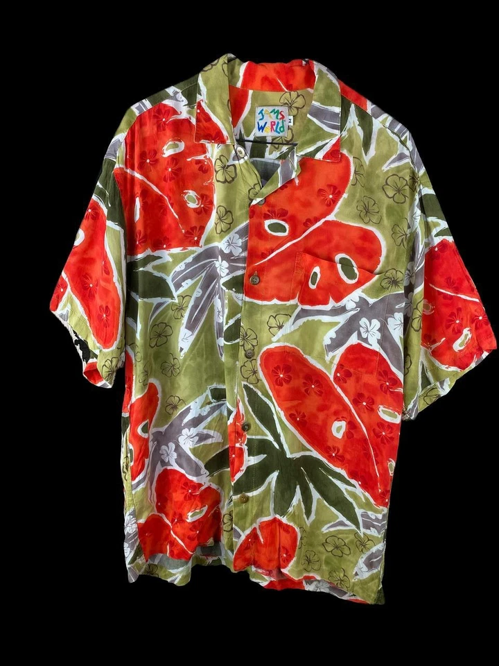 Jams World Hawaiian Shirt Men's M Medium Green Red Floral Leaves Short Sleeve - Image 3 of 4