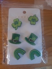 3 Pair Green St Patricks Day Stud Acrylic Earrings, Shamrock, Top Hat, Rainbow