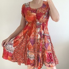Bila Patchwork Dress Small Beaded Drawstring Bohemian Hippie Fairy Boho Flowy
