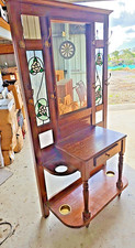 Stained Glass Hallstand With 8 Brass Hooks For Restoration and drawer
