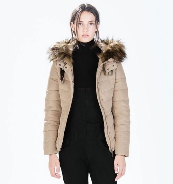 ZARA Jacket Duck Down & Feather Filled Size Large Fur Trim Hood Tan Puffer Warm