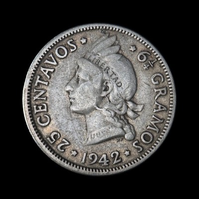 DOMINICAN REPUBLIC. 1942, 25 Centavos, Silver - Princess, Bible