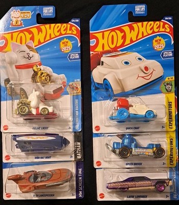  2025 Hot Wheels LOT OF 6 -Feline Lucky Cat, Quick Chat,Bat Boat ,+ more MINT