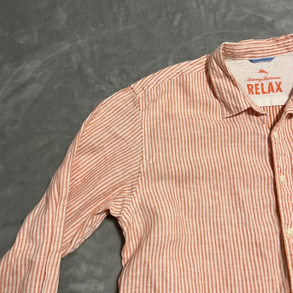 Tommy Bahama 放松亚麻混纺橙色白色条纹长袖纽扣 XXL — 第 4/4 张图片