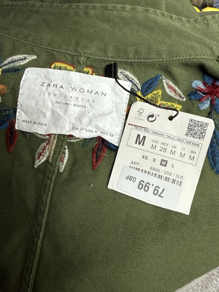 Zara Floral Embroidered Military Denim Jacket Size M - Image 3 of 4