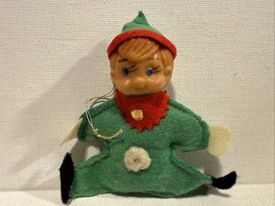 Vintage 3.5  Japan Rubber Face Elf Pixie Felt Green Christmas Ornament