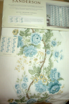 NWT Sanderson 2 pc Window Curtain Panels Hykenham Floral Aqua Blue Cotton 96'' lg