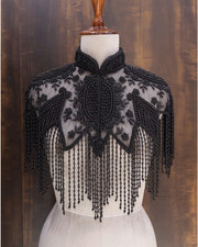 Black Pearls Beaded Fringe Bridal Cape Gothic Wedding Dress Cover Up Shrug Boler