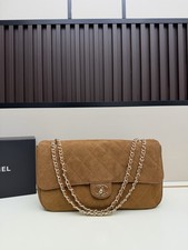 Women's Vintage Brown Diamond Quilted Suede Shoulder Bag Gold Turn Lock Handbag