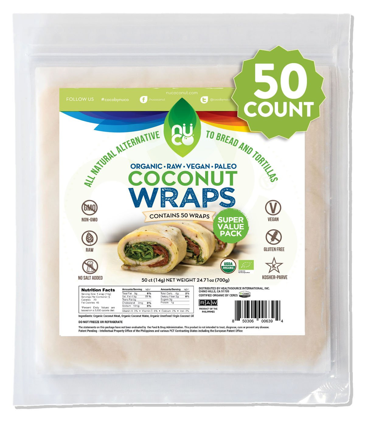 Certified ORGANIC Paleo Gluten Free Vegan Coconut Wraps (Var
