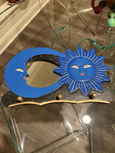 Vintage 90s Hand Painted Sun Moon Celestial Wall Mirror Coat Hooks Blue Black