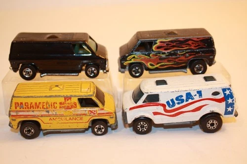Four (4) Vintage 1974 - 1979 Hot Wheels / Matchbox Chevrolet Chevy Van Trucks