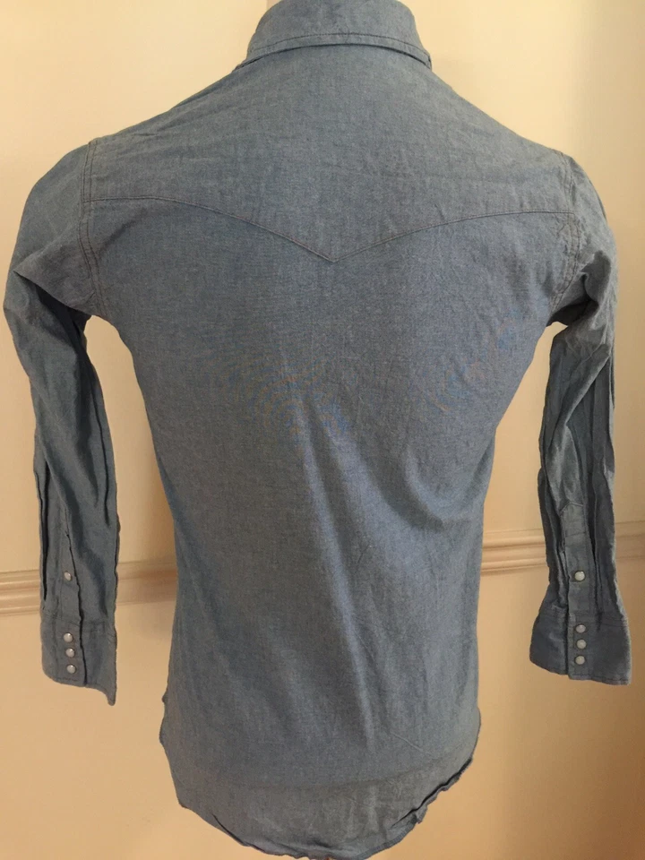 Hombres Jaguar Snap Manga Larga L/S Camisa Azul Sólido Bolsillo Algodón Occidental Pequeña Usada en Excelente Condición Foto 4 de 4