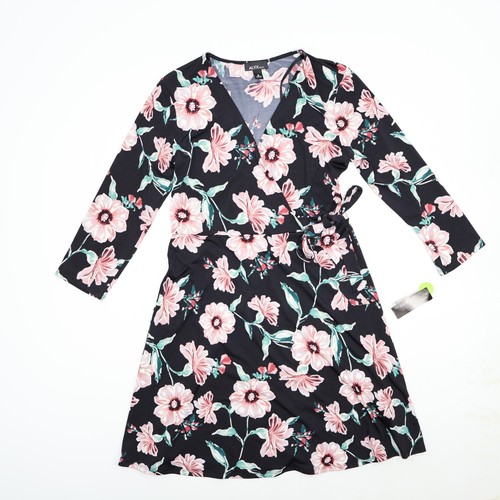 Neu mit Etikett Alyx schwarz Blumenmuster 3/4 Ärmel knielang Faux Wickelkleid Größe Medium NEU