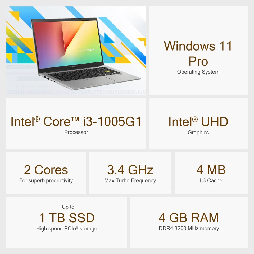 ASUS Vivobook Laptop 14" FHD Intel i3 Upto 3.4 GHz 4GB RAM & 1TB SSD Office 2024 - Image 3 of 4