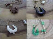 Hawaiian Fish Hook Adjustable Necklace Genuine Buffalo Bone Koa Wood Green Jade