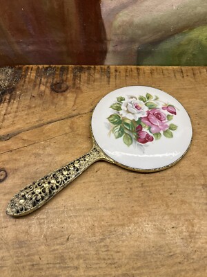 Antiker Vintage großer Handspiegel mit Porzellanplakette & filigranem Bronzegriff