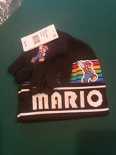 Super Mario Brothers Kids Boys Winter Black Beanie Hat Gloves Set Gift Toy NEW