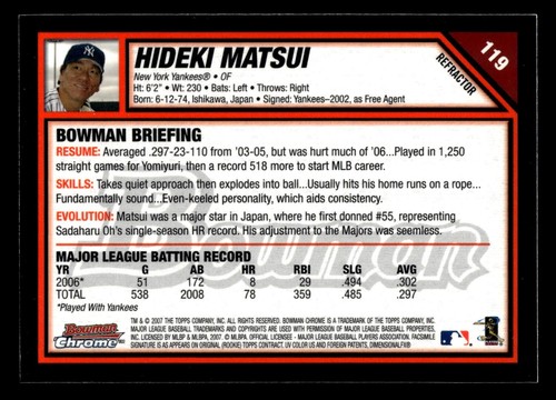 2007 Bowman Chrome Refractor #119 Hideki Matsui Yankees Japan QTY - Picture 2 of 2