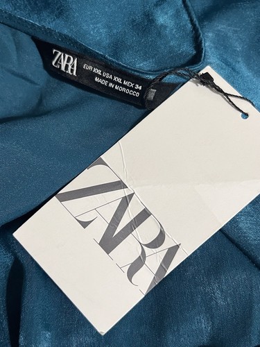 ZARA Women’s 2XL Teal Green 3/4 Sleeve Satin Deep V-Neck MIDI Dress NWT - Picture 12 of 13