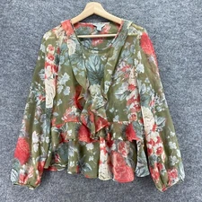 Belle Sky Blouse Women M Medium Green Floral Long Sleeve Crew Neck Pullover