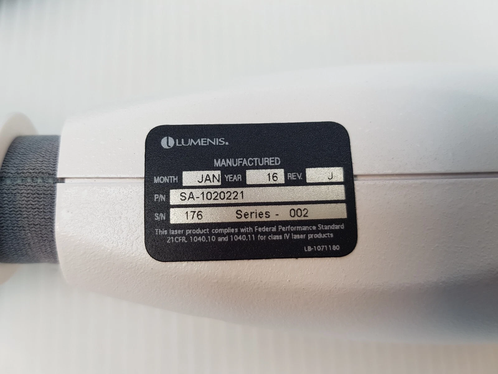 Lumenis nameplate on SA-1020221: manufactured Jan 2016, Rev J