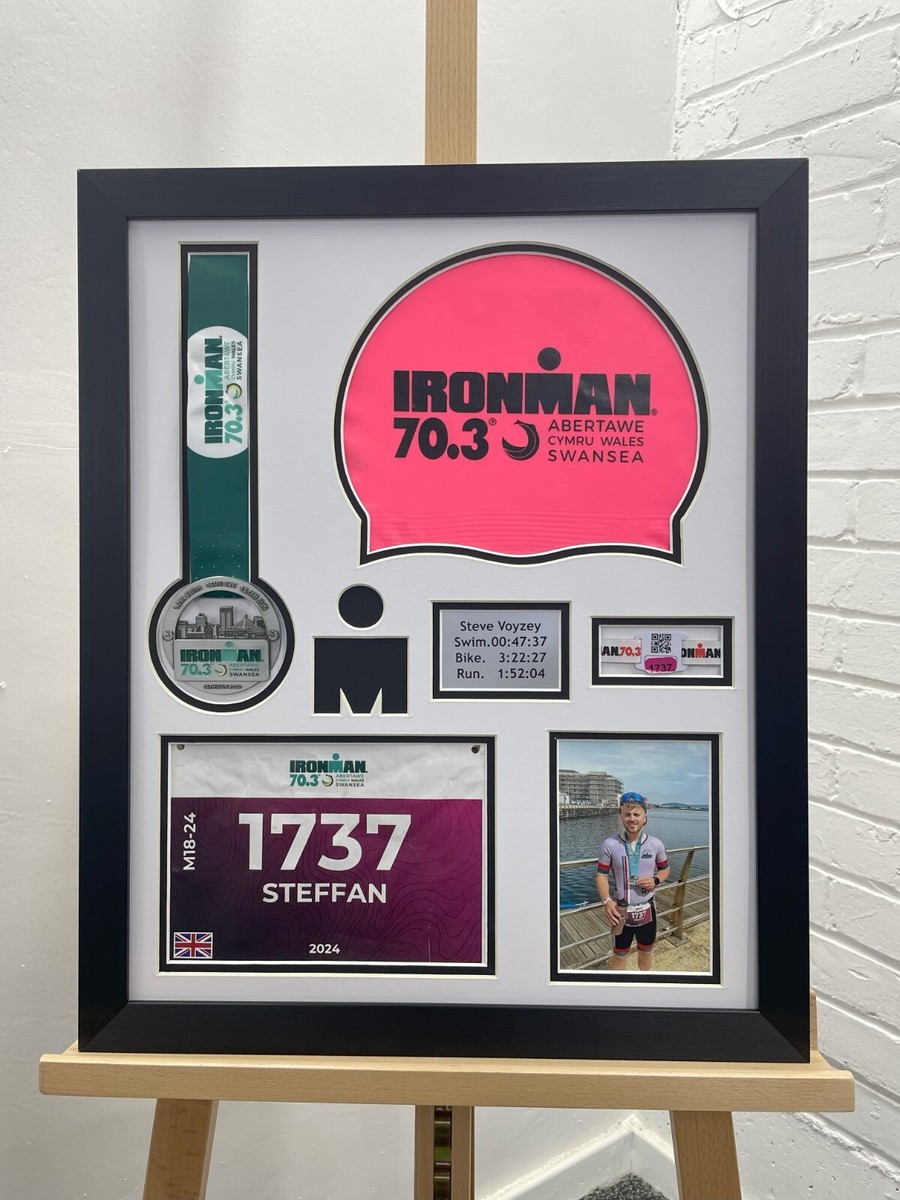 Ironman wales and bolton 2024 medal display frame running bib medal swim  cap