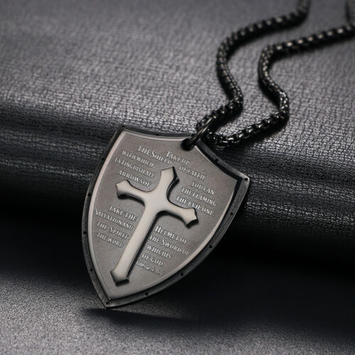 Men Stainless Steel Shield Armor of God Ephesians 6:16-17 Cross Pendant Necklace - Picture 3 of 8