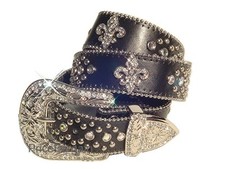 Western Rhinestone Black Fleur De Lis Leather Snap On Buckle Belt L ML
