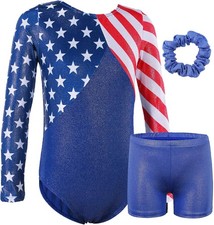BAOHULU Gymnastics Leotards for 7-8 Years, Redwhiteblue Stars Sleeved Set