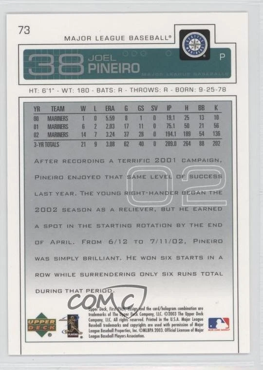 2003 Upper Deck First Pitch Joel Pineiro #73 - Image 2 of 2