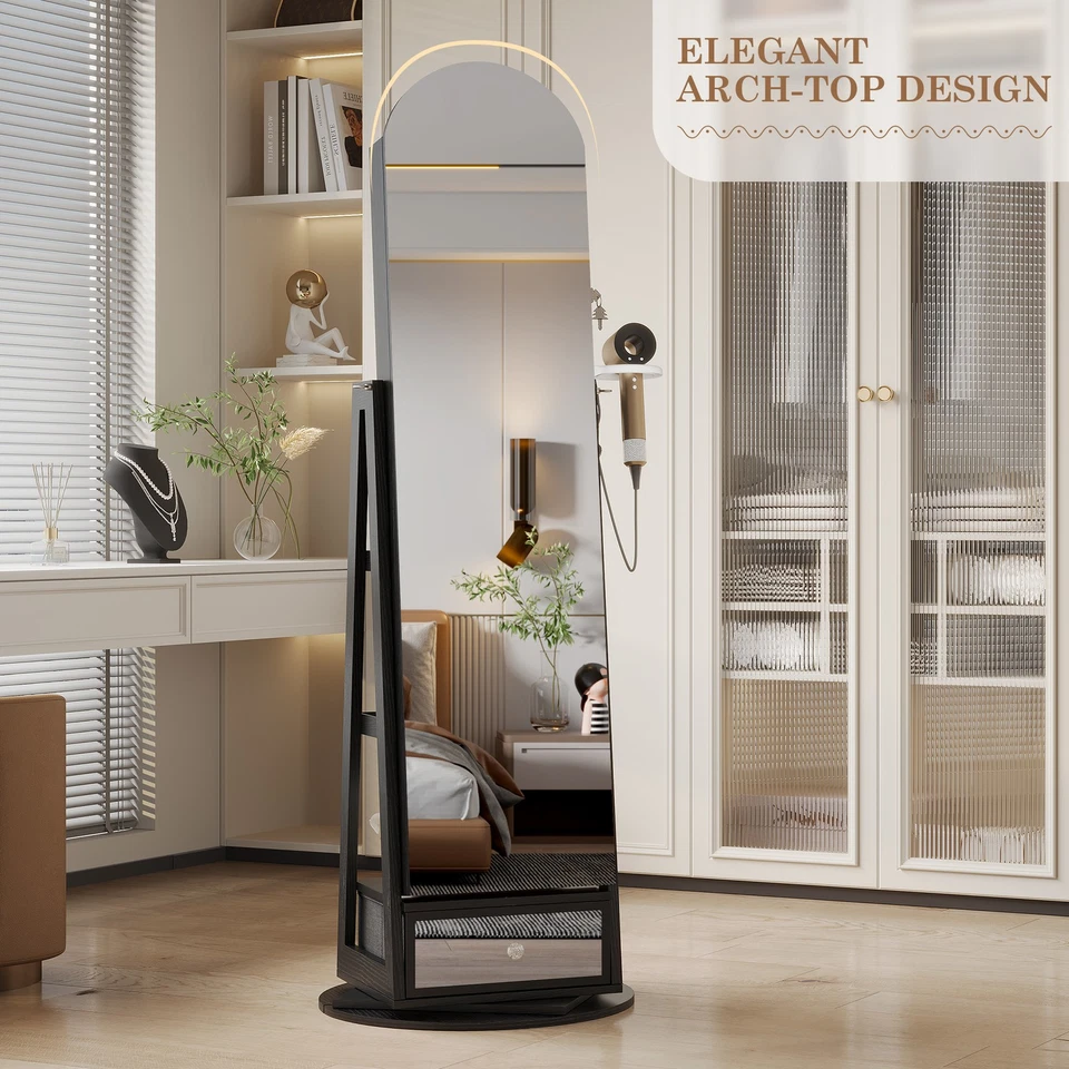 Espelho de comprimento total arco giratório 360° com armazenamento, organizador de joias com trava - Imagem 4 de 4