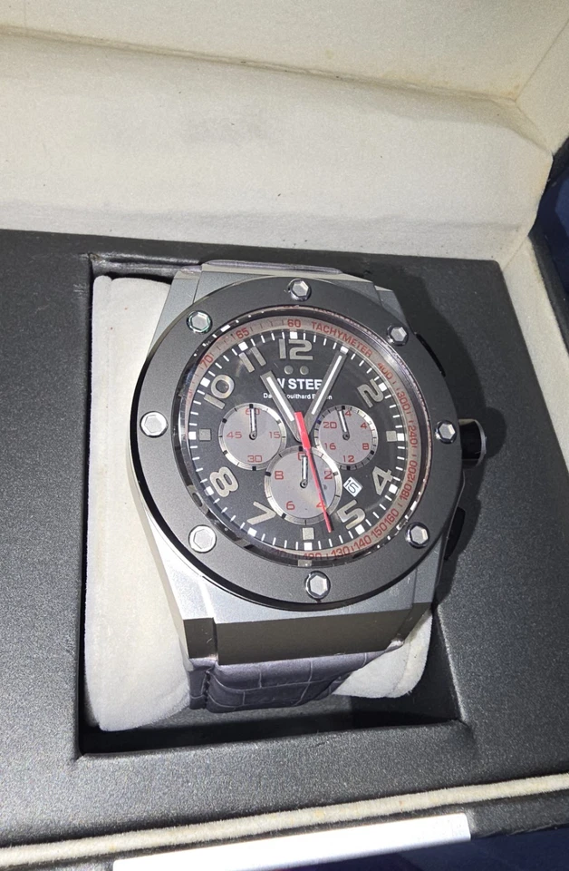 Мужские часы TW Steel CE4002 48 мм полированный стальной корпус с серым кожаным ремешком - Изображение 3 из 4