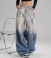 Men's Blue Mixed Denim Jeans Straight Leg Cotton Ripped Punk Casual Pants Hippie