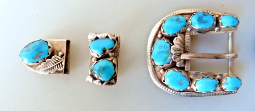 Zuni Sterling Ranger Buckle Set, Inlaid Turquoise nuggets by Angelita Cheama