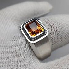 Emerald Cut Natural Citrine Ring 925 Sterling Silver Men's Ring.