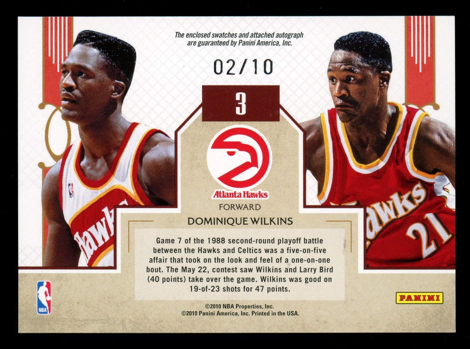 2010-11 Panini Timeless Treasures Dominique Wilkins Patch Auto 02/10 H&R Gamers view 2