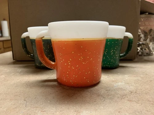 Lot Of 3 Vintage Federal Glass Glamalite Glitter Rubber Coated Milkglass Mugs