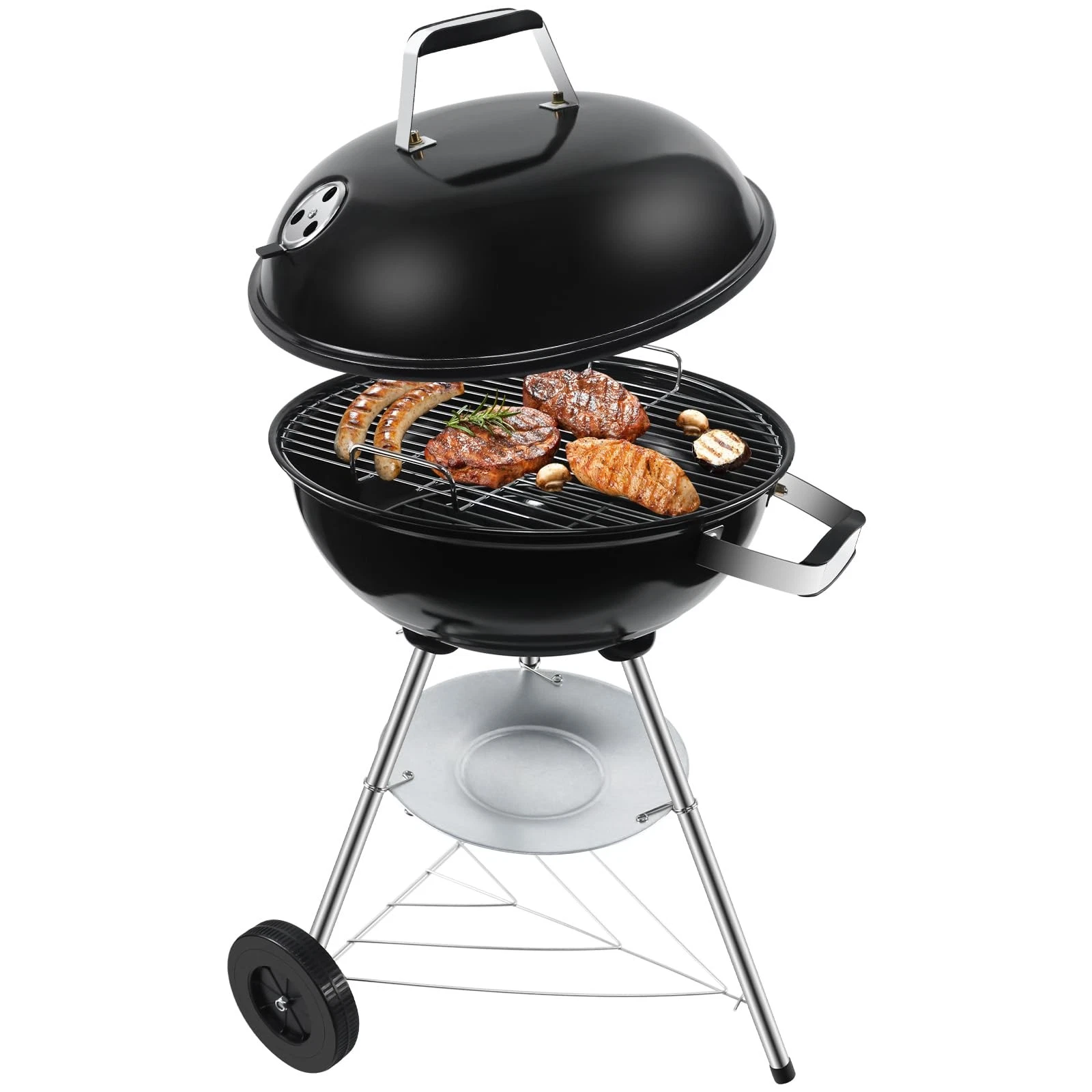 Portable Charcoal BBQ Grill with Wheels, 41cm Outdoor Garden Kettle Black