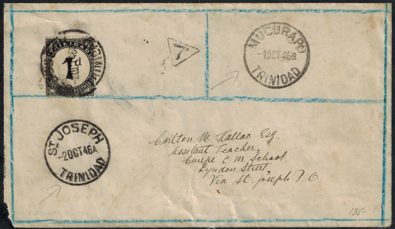 Trinidad & Tobago 1946 Postage Dues SG D18 1d Due on Local Cover MUCURAPO RARE