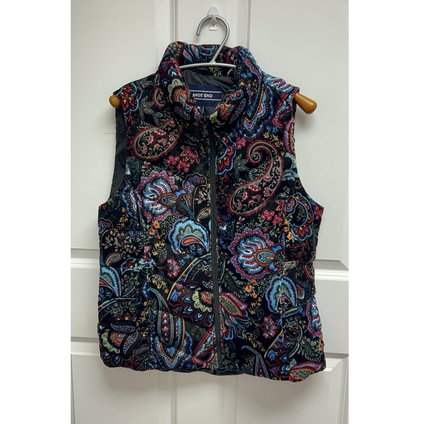 Lands End Hyper Dry 600 Full Zip Down Puffer Vest Velvet Paisley Black Medium