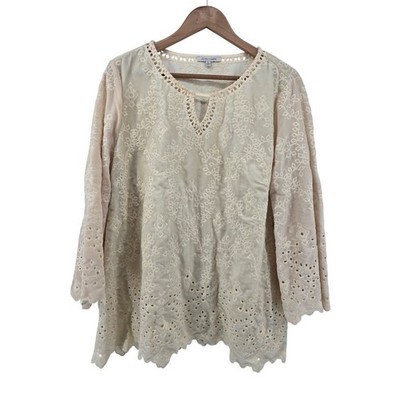 John Mark Blouse Women Large Ivory Boho Eyelet Embroidered Split Neck 3/4 Sleeve