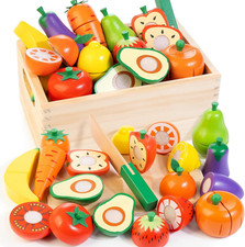 Wooden Play Food for Toddlers, Fruit and Veggies Cutting Set for Kids, Pretend F