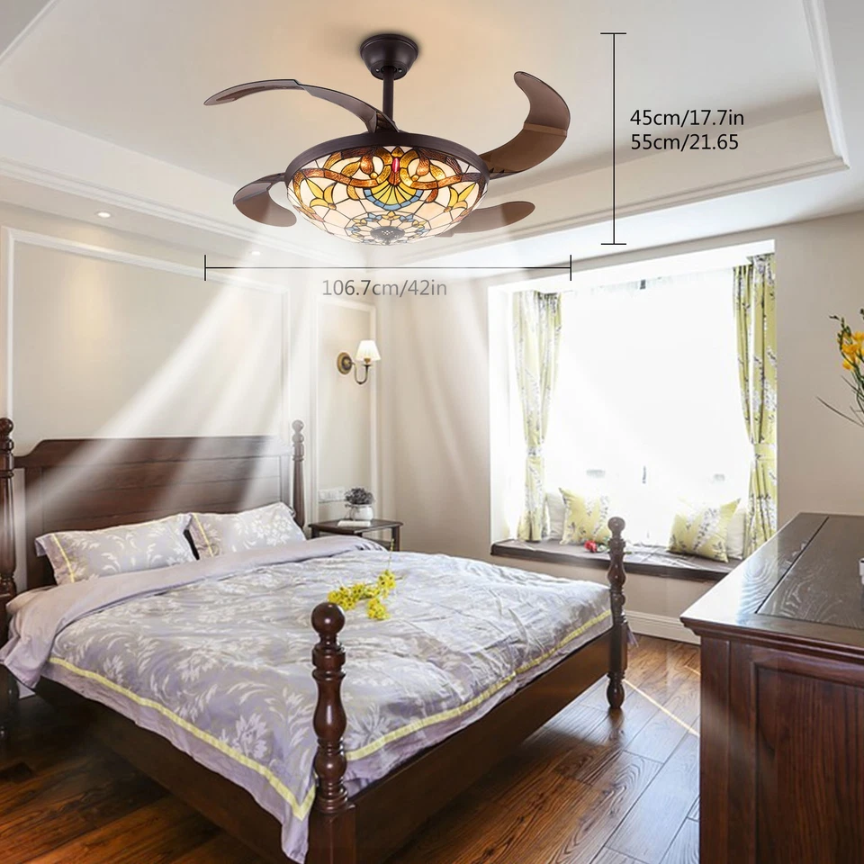 Tiffany Style Ceiling Fan 42" Remote LED Chandelier Stained Glass Retractable - Image 3 of 4