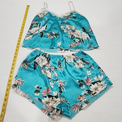 Floral Satin Pajama Set Teal Blue Lace Trim Cami and Shorts Sleepwear Womens