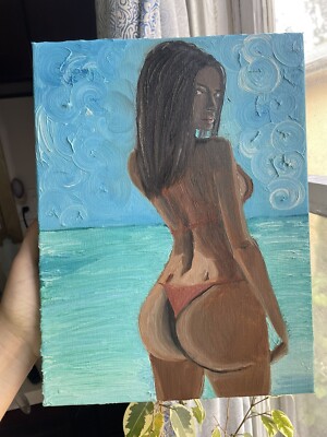 Girl Beach Oil On Canvas Babe Em Rata Dark Skinned Art 12 X 9 Inches Bikini